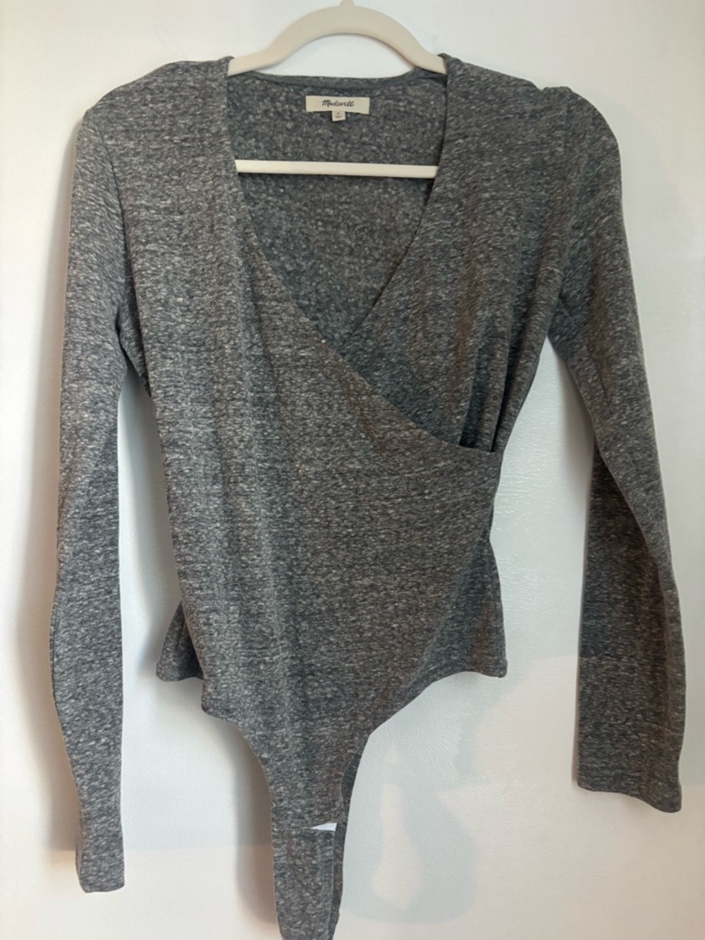 Madewell Heather Gray Wrap-Front Long Sleeve Bodysuit